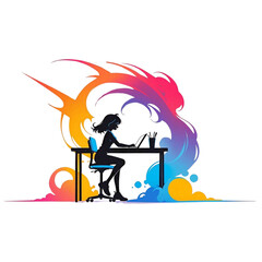 Stylish silhouette of a girl at her desk with gradient effect — modern vector illustration