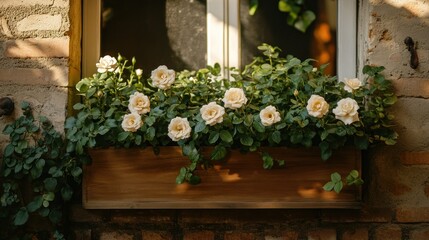 Fototapeta premium Cream roses in window box, brick wall
