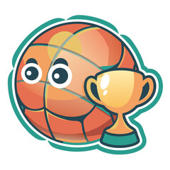 Obraz premium Sticker of playful cartoon basketball with expressive eyes and gold trophy for sports and competition themes