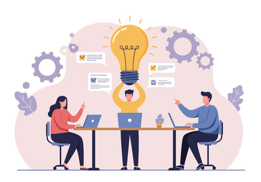 Collaborative flat vector illustration: A diverse team works together on a central idea, symbolized by a large lightbulb, with gears and message bubbles, emphasizing teamwork and innovation