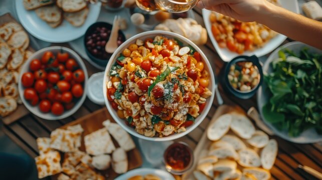 A vibrant and colorful fresh salad full of tomatoes, greens, and various toppings beautifully displayed, representing healthy eating and delightful culinary creativity.