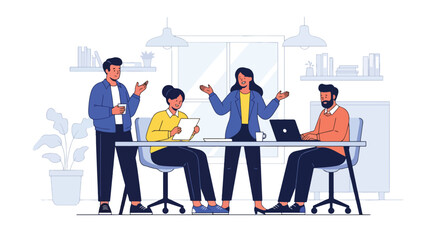  flat vector illustration: A diverse team collaborates around a table in a modern office, engaged in discussion and working on laptops, representing teamwork and efficiency in business