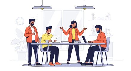  flat vector illustration: A diverse team collaborates around a table in a modern office, engaged in discussion and working on laptops, representing teamwork and efficiency in business