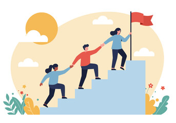 Flat vector illustration of leadership and teamwork: A leader plants a flag at the top of stairs, helping team members ascend. Represents guidance and achieving common goals in business