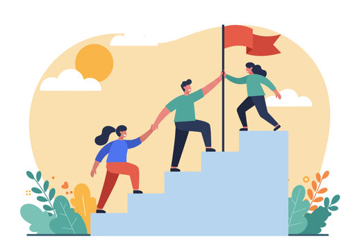 Flat vector illustration of leadership and teamwork: A leader plants a flag at the top of stairs, helping team members ascend. Represents guidance and achieving common goals in business