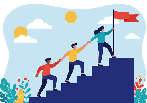 Flat vector illustration of leadership and teamwork: A leader plants a flag at the top of stairs, helping team members ascend. Represents guidance and achieving common goals in business