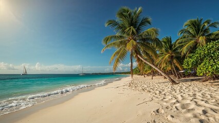 Obraz premium Tropical beach with palm trees and clear blue water
