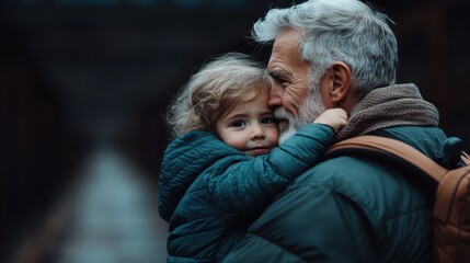A heartwarming scene captures a grandfather lovingly holding his grandchild, both sharing a tender moment that reflects deep familial bonds and emotional connection in a serene environment.