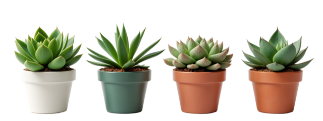 A group of four different colored pots with succulents in them.