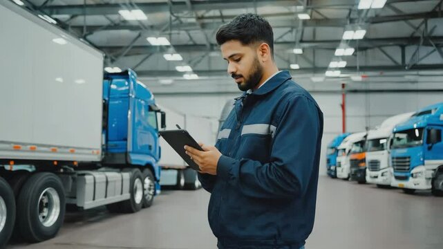 Young Man in Blue Uniform Checking Tablet in Warehouse Full of Trucks