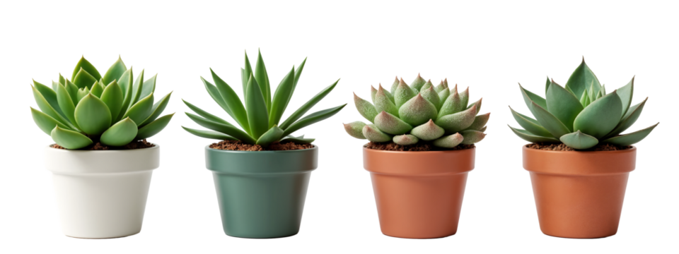 A group of four different colored pots with succulents in them.