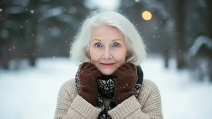 Elegant Senior Woman Enjoying Winter in Snow, Capturing a Moment of Serene Beauty - Powered by Adobe