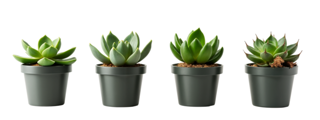 A set of four black pots with succulents in them.