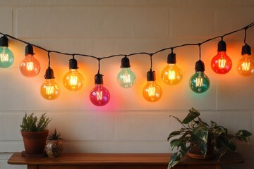 Glowing multicolored string lights create a warm ambiance against a white brick wall, adding a touch of festive charm to the space adorned with potted plants