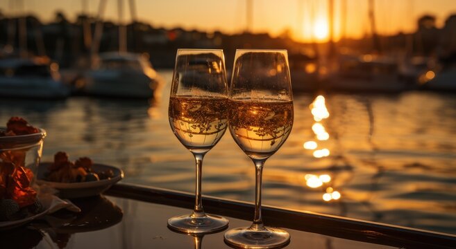 Two elegant flutes of sparkling wine toast against a picturesque sunset, reflecting moments of joy and celebration by the water, capturing romance and elegance. - Powered by Adobe