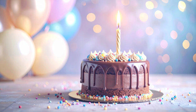 Um bolo confeitado de chocolate, com creme de chocolate escorrendo pelas laterais, com uma vela dourada acesa, e bal&otilde;es coloridos e bokeh de luzes ao fundo.