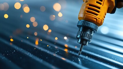 An electric drill poised to penetrate a metal surface, with flying sparks illuminating the dark background, capturing the essence of dynamic workmanship and craftsmanship.