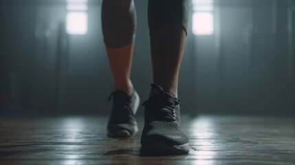 Low angle view of an athlete's legs walking across a wooden gym floor, bathed in dramatic lighting, creating a cinematic atmosphere of intense focus and determination