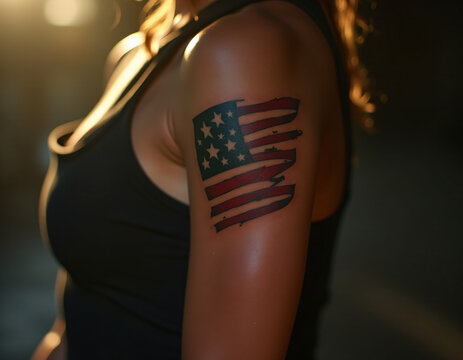 Vista de cerca de una bandera estadounidense tatuada en el hombro de una mujer.