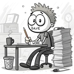 Overworked Office Employee at Desk with Paperwork and Coffee