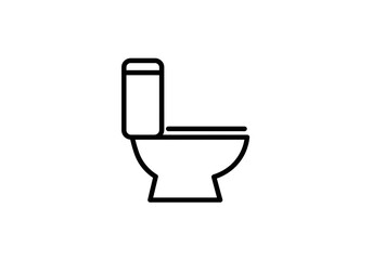 A minimalist line drawing of a toilet with a tank and a closed seat on a white background