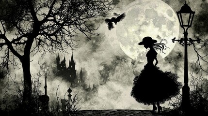 Silhouette of a lady in a gothic landscape at night.
