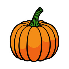 Illustration of a cartoon pumpkin with a green stem and black outline on a white background view