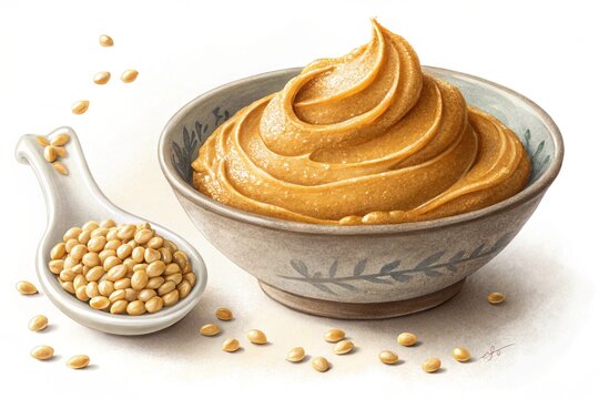 Artistic illustration of miso paste in a bowl alongside a spoonful of soybeans