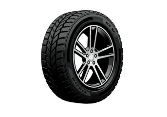 A black car tire with a silver rim and tread pattern isolated on a white background in a studio shot