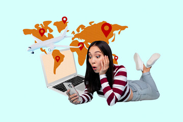 3d sketch poster trend collage image of shocked girl hold phone laptop booking tickets airplane geolocation map travel summer