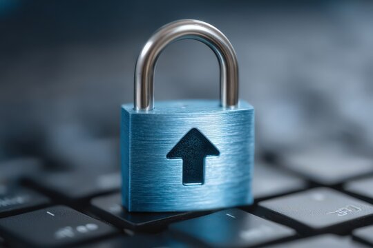 Close-up of a sleek metallic padlock featuring an upward arrow symbol resting on a computer keyboard emphasizing concepts of digital security and data protection in a modern technology