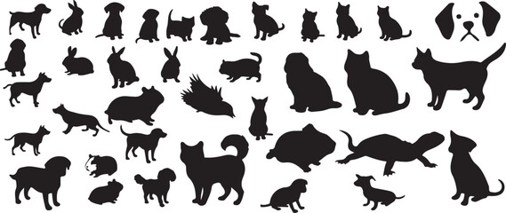 vector silhouettes of animals like cat, mouse, rabbit, dog, and many others.