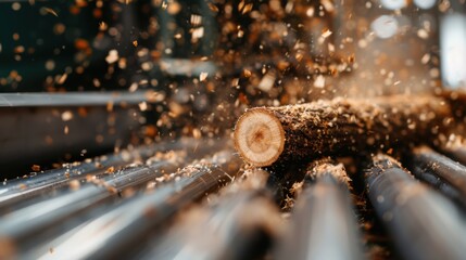 This dynamic image captures the intense moment of wood being cut, with sawdust flying, emphasizing the craftsmanship and artistry involved in woodworking and construction processes.