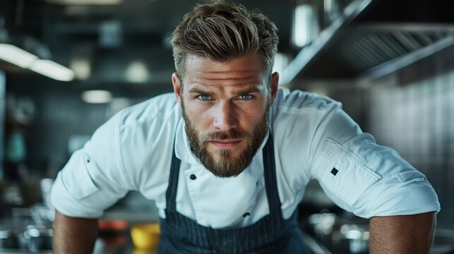 An engaging chef in a white uniform and apron leans towards the camera with a focused expression, representing dedication and artistry in the world of culinary arts.