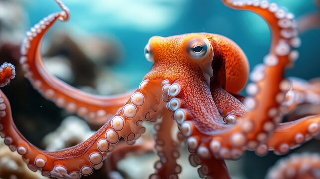 An exquisite close-up of a vibrant octopus swimming gracefully, showcasing its intricate textures and vivid colors, a true representation of marine beauty and exotic life. - Powered by Adobe