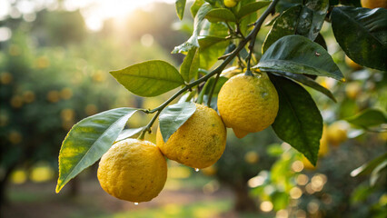 Yellow Lemon tree in garden, Lemon hanging tree in natural warm sunlight background