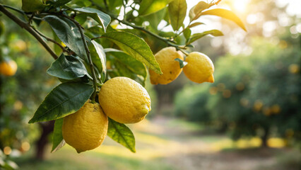 Lemons tree in garden, Lemon on tree in natural warm sunlight background