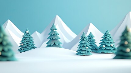 Cartoonish winter landscape with snow-covered trees and mountains