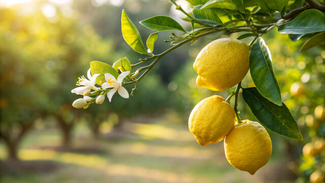 Lemons on tree with flower in field, Lemon hanging on tree in natural warm sunlight background - Powered by Adobe