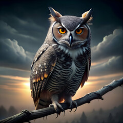 Majestic owl perched at dawn.