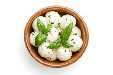 A brown bowl filled with fresh mozzarella cheese balls, garnished with basil leaves, isolated on white background