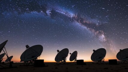 Radio telescopes under clear night sky filled with stars and milky way, symbolizing astronomy, deep space research and cosmic exploration in observatory science environment - Powered by Adobe
