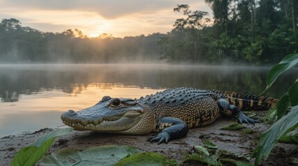 Crocodile basks in misty sunrise on riverbank