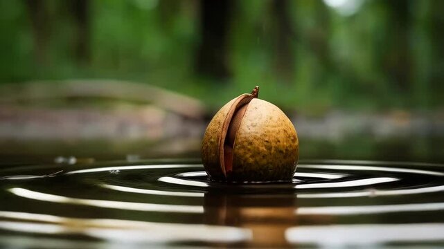 Raindrops hitting an open seed pod floating in a pool of water within a verdant forest environment creating concentric ripples.