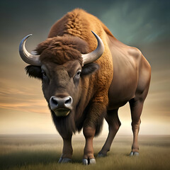 Powerful Bison in Open Field.