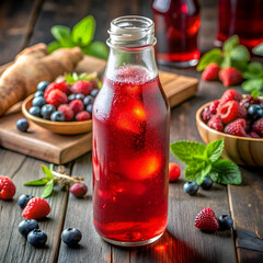 Refreshing berry infused iced drink in a bottle.