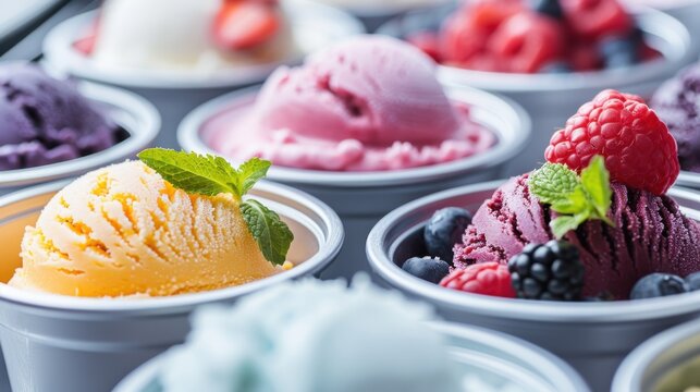 A tempting assortment of colorful ice cream scoops presented in bowls, garnished with fresh fruits and mint, showcasing a delightful treat perfect for any sweet tooth.