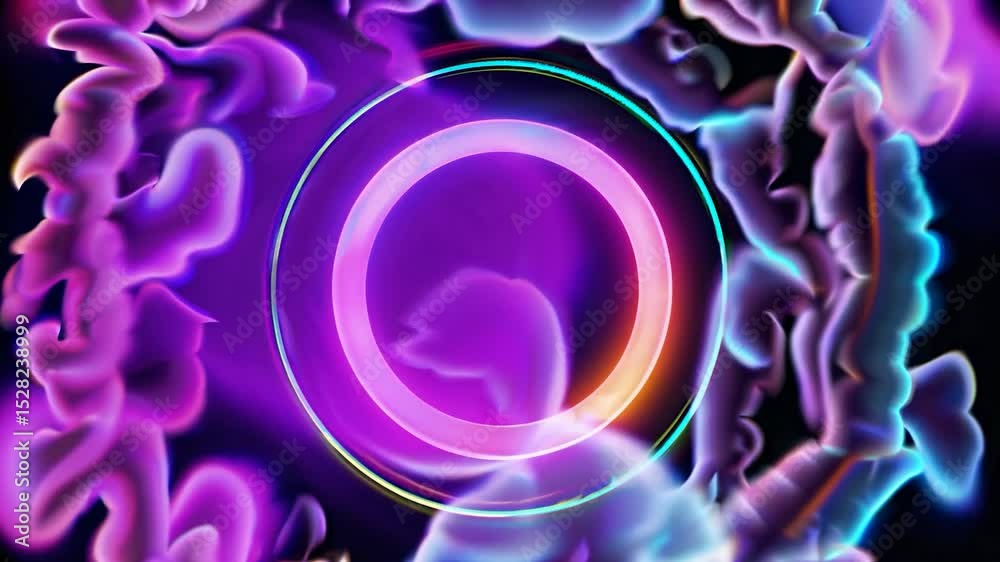Poster colorful smoke expands behind a bright neon circle, creating a vibrant and dynamic abstract backgrou