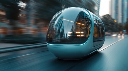 Fototapeta premium A sleek, futuristic transport pod gracefully glides through an urban landscape, showcasing innovation and modern design in transportation technology and urban mobility.