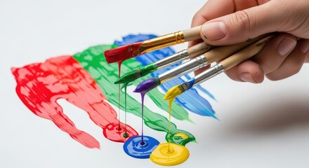Hand holding paintbrushes with dripping colorful paint on white surface creating vibrant artwork